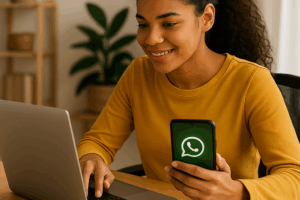 Jovem mulher trabalhando de home office com notebook e celular mostrando o WhatsApp, representando busca de vagas em grupos de emprego remoto