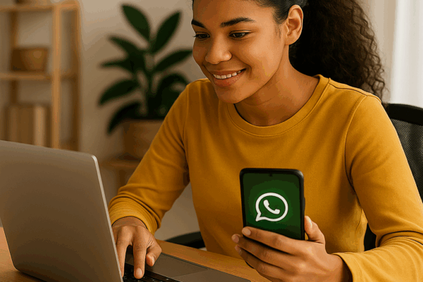 Jovem mulher trabalhando de home office com notebook e celular mostrando o WhatsApp, representando busca de vagas em grupos de emprego remoto